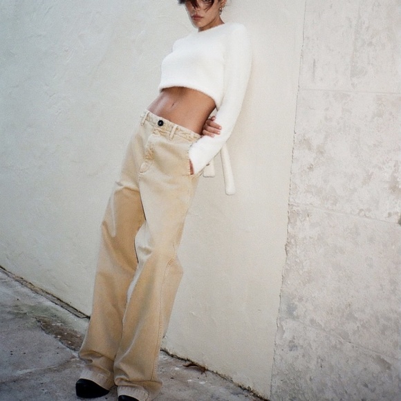 NWT ZARA WIDE LEG MID RISE LOOSE FIT PANTS  Beige - Picture 5 of 5